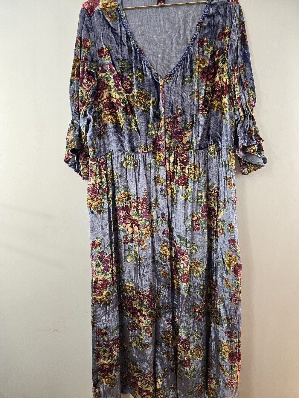 April Cornell Beaded Crushed Velvet Velour Floral Midi Dress With Pockets Sz XXL